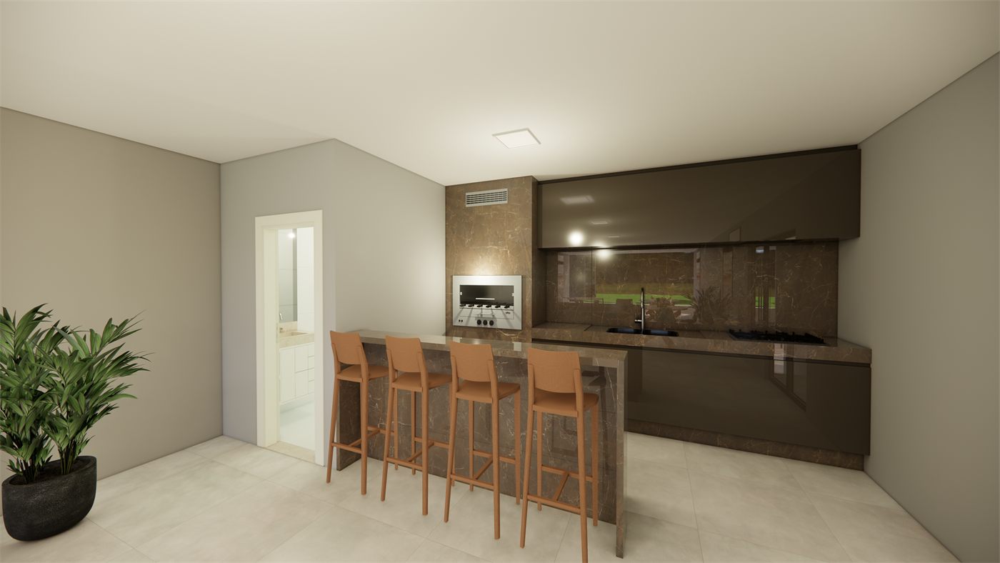 Cozinha do espaço gourmet, com bancada e banquetas