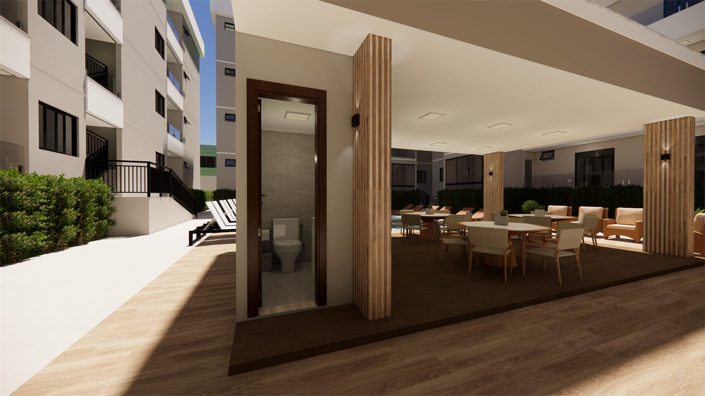 Espaço gourmet coberto com mesas e vista para a piscina