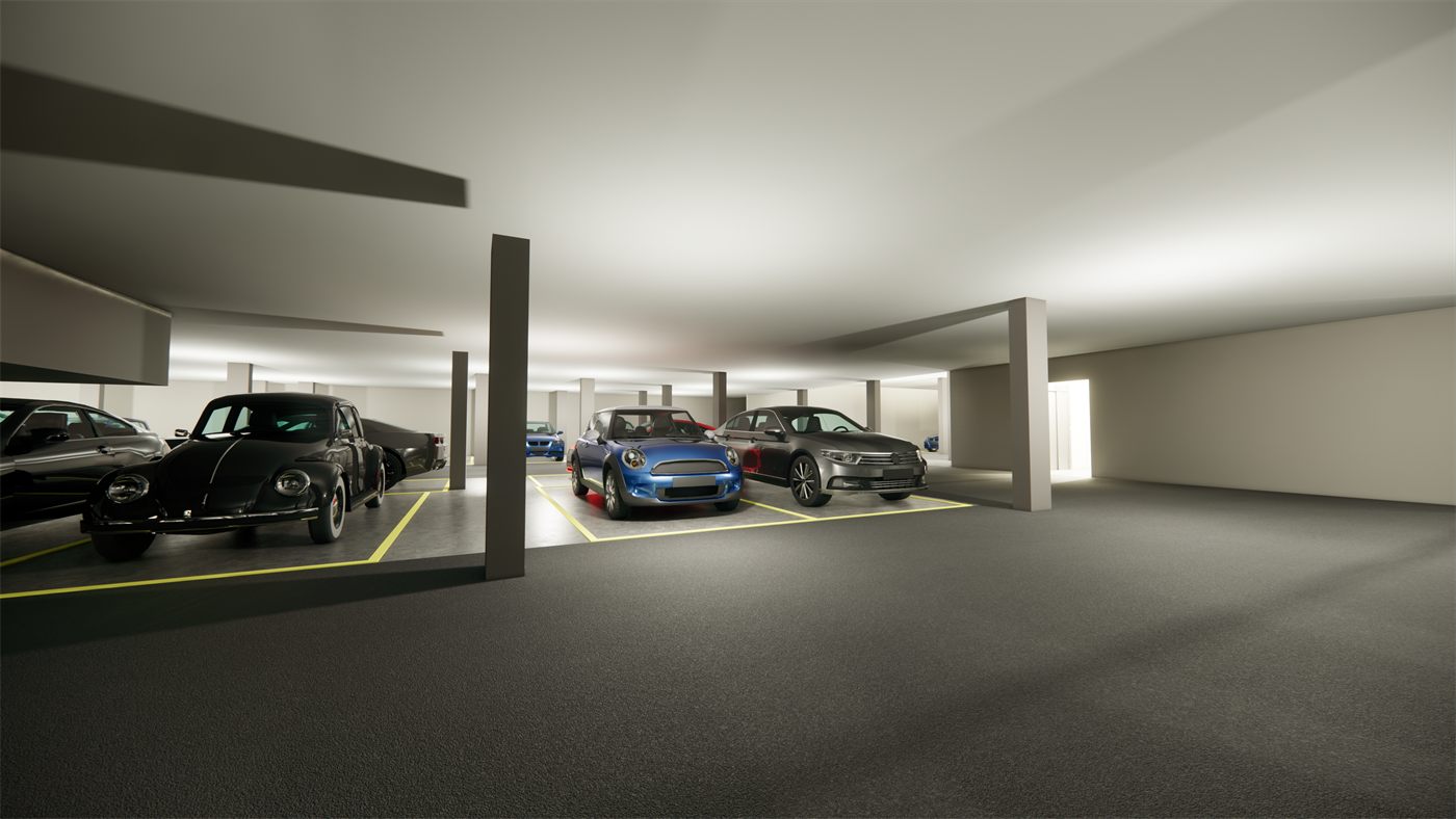 Garagem coberta do Central Park com vagas demarcadas