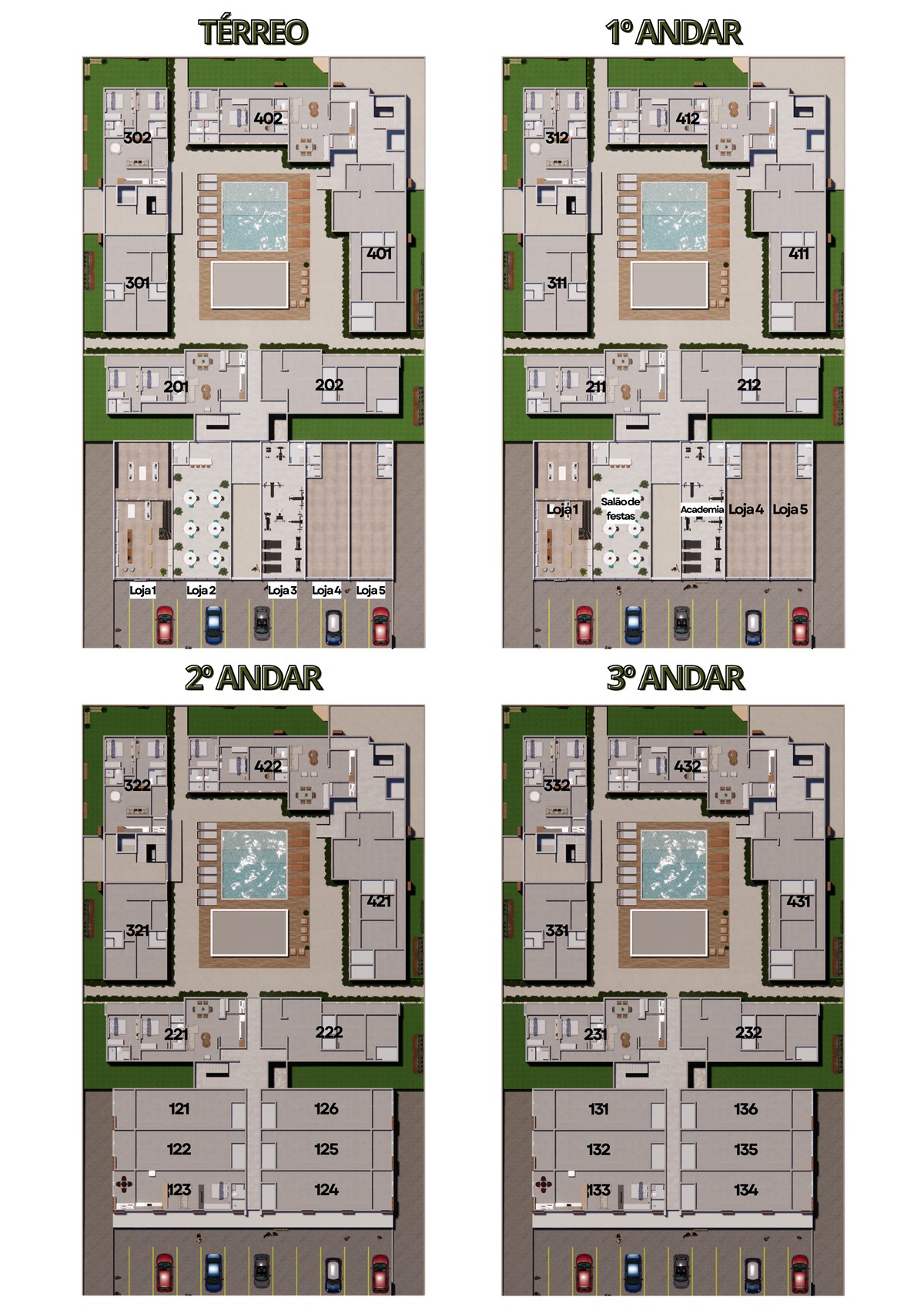 Planta de implantação do Central Park, com a posição das unidades em cada andar